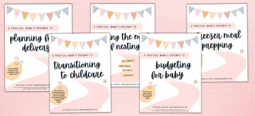 pregnancy guidebooks: planning for delivery, transitioning to childcare, making the most of nesting, budgeting for baby, freezer meal prepping for first-time moms